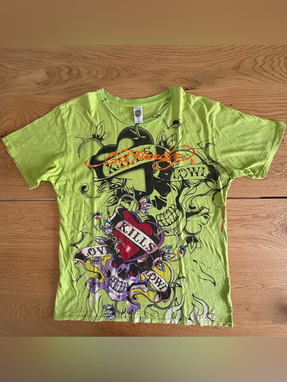 Ed Hardy Mens XL T Shirt Green Love Kills Slow Skull Graphic Made In USA
